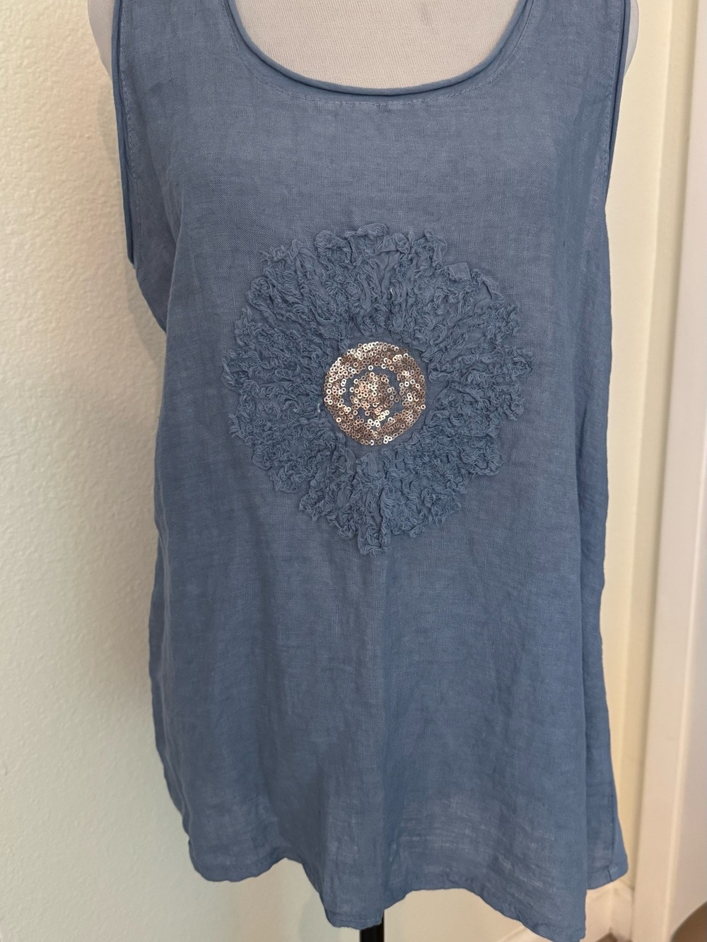 Blue Sleeveless Tank Top with Sequin Floral Accent by Belle France